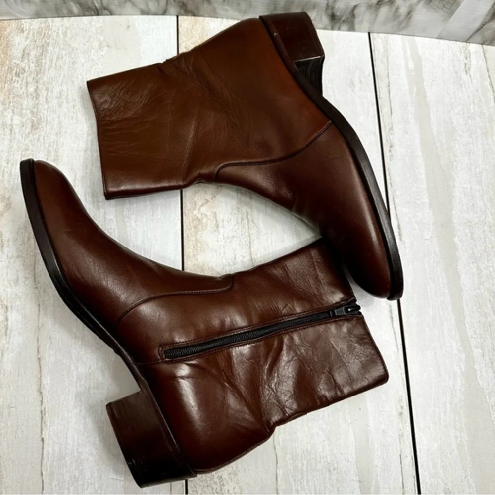 Men Classic Warm Brown Leather Resoled Office Side Zip Dress Boots Stacked Heel